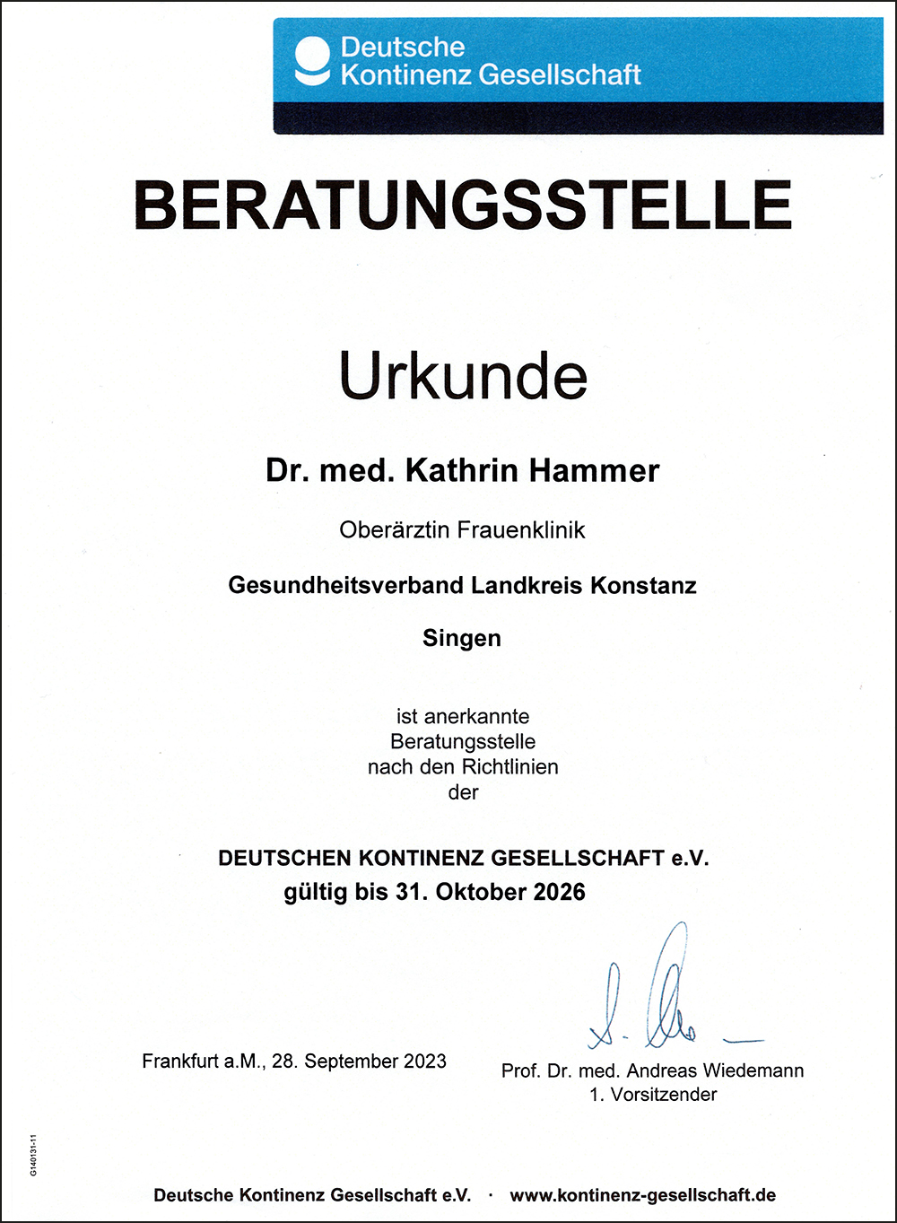 Urkunde Deuitsche Kontinenz Gesellschaft